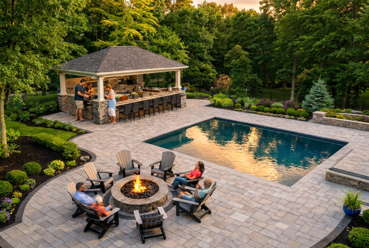 Completed paver patio and fire pit lounge from the APM O'Neill project gallery