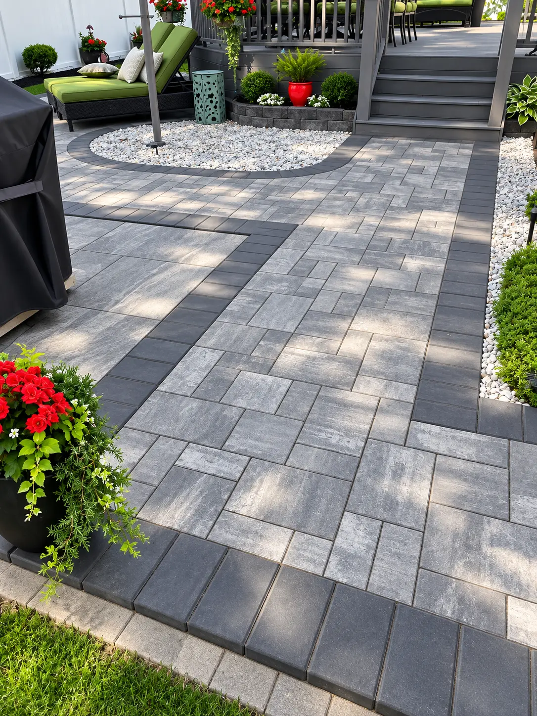 Grey slab paver patio with charcoal border — Smithtown, NY