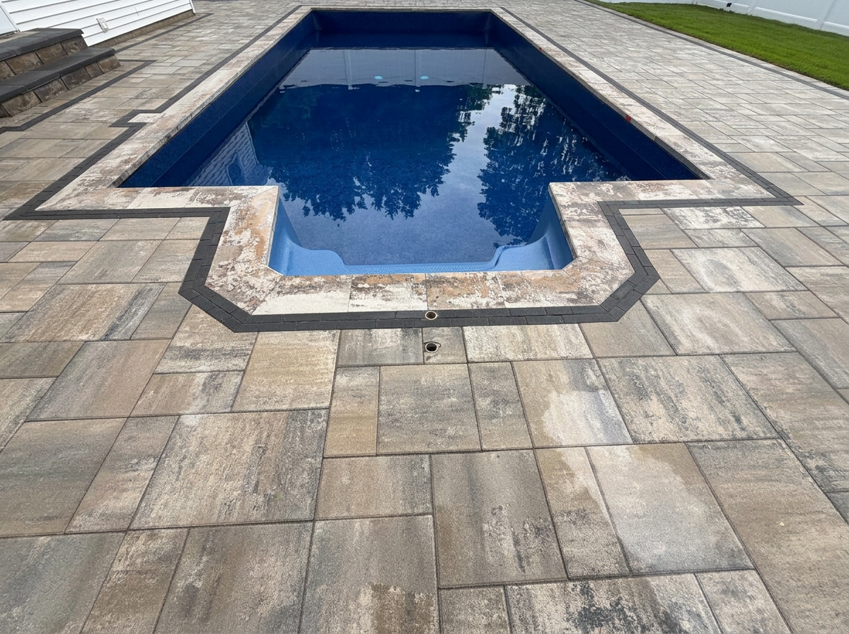 Travertine coping with charcoal soldier course — Holbrook, NY