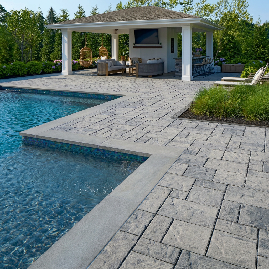 Shale grey slate pool deck with pool house — Nissequogue, NY