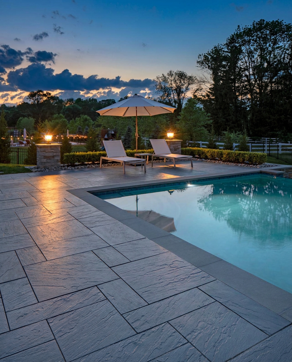Twilight slab paver pool patio with pillar lighting — East Hampton, NY