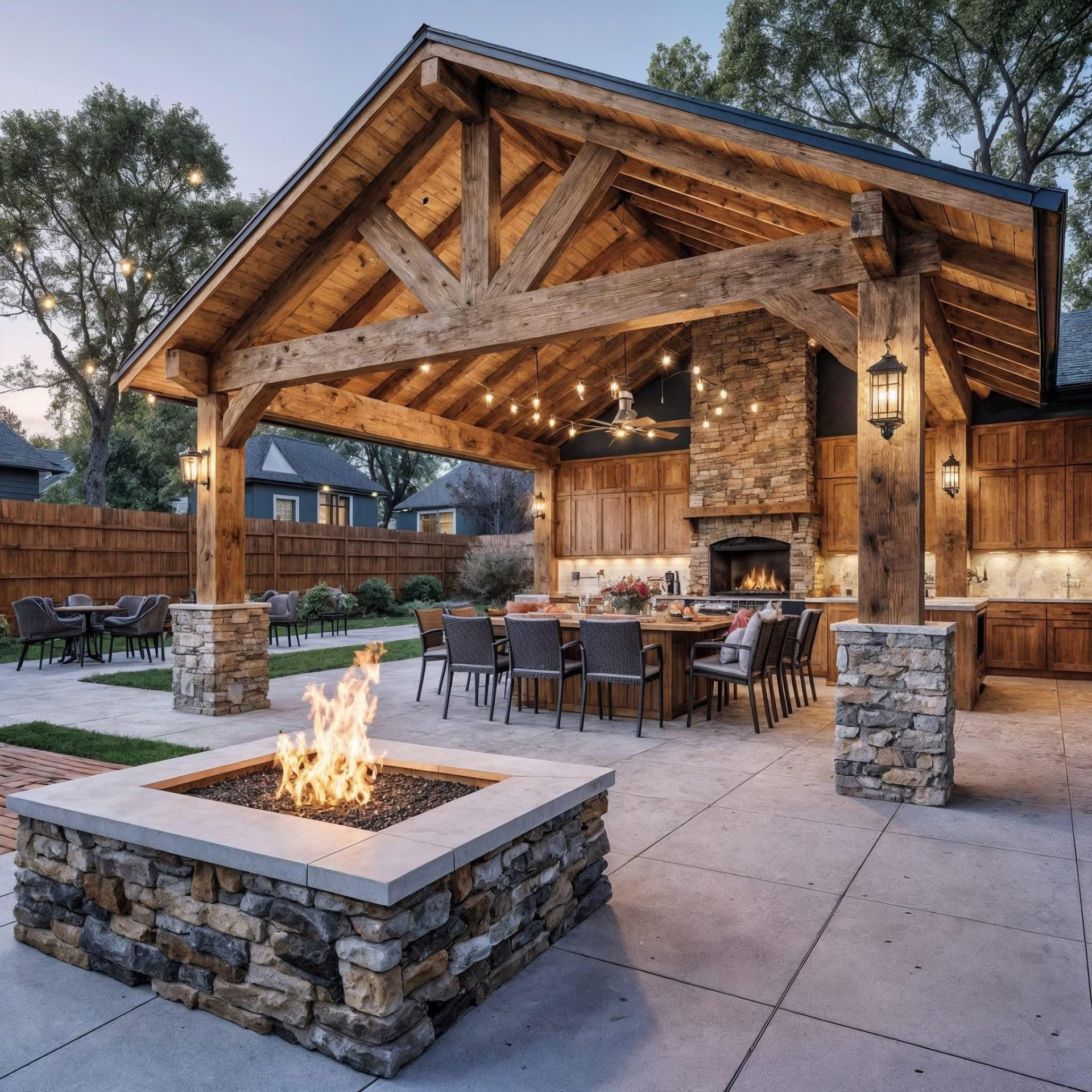 Timber pavilion with outdoor kitchen and stone fire pit