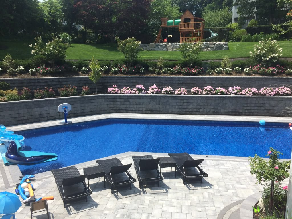 Terraced retaining walls & pool patio — Dix Hills, NY