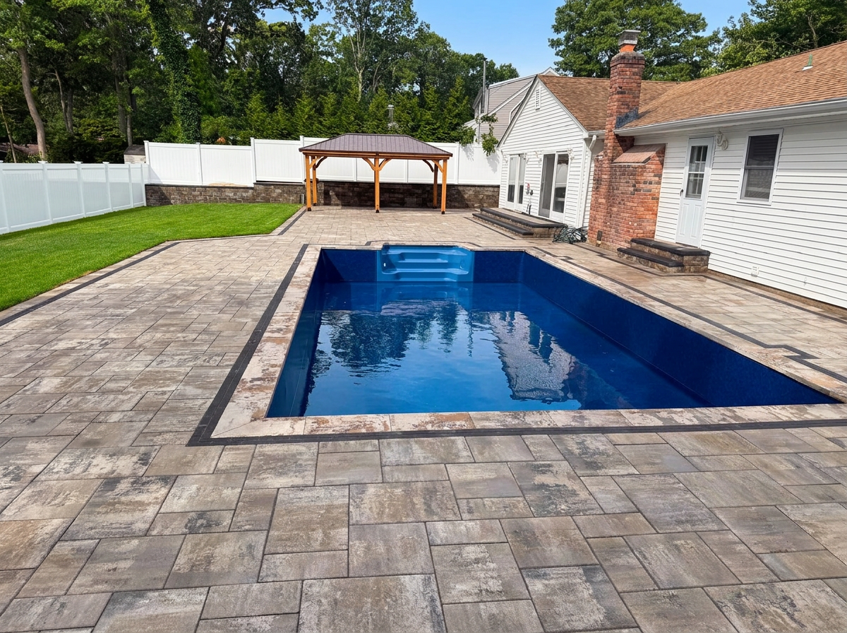 Full backyard paver pool deck with pavilion — Holbrook, NY