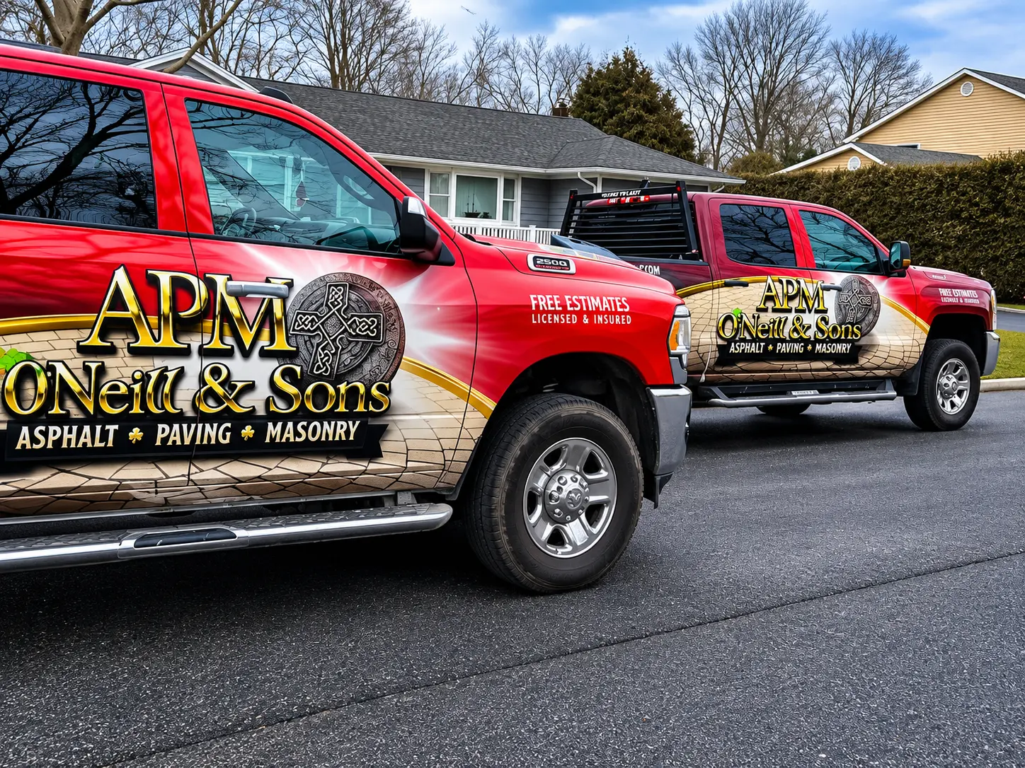 APM O'Neill & Sons asphalt, paving and masonry trucks on a Long Island driveway