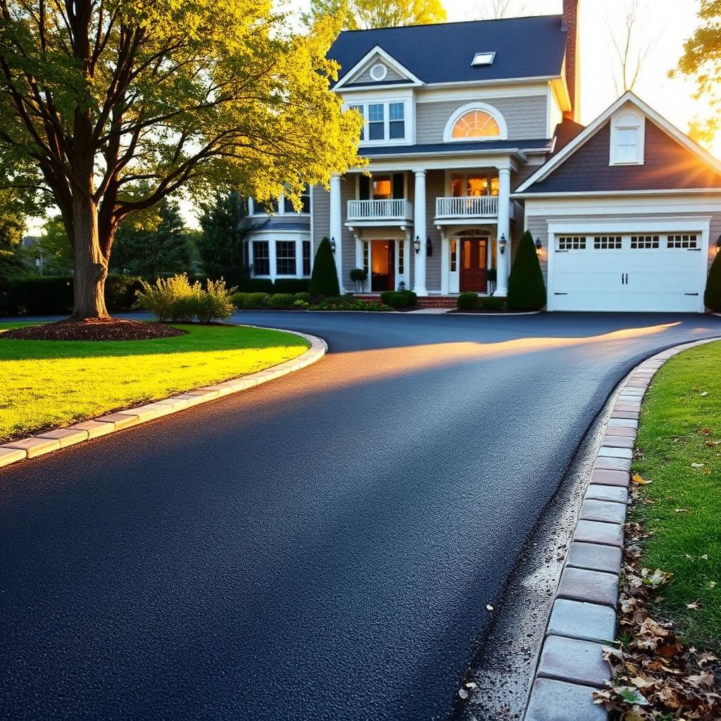 Freshly paved asphalt driveway with Belgian block border