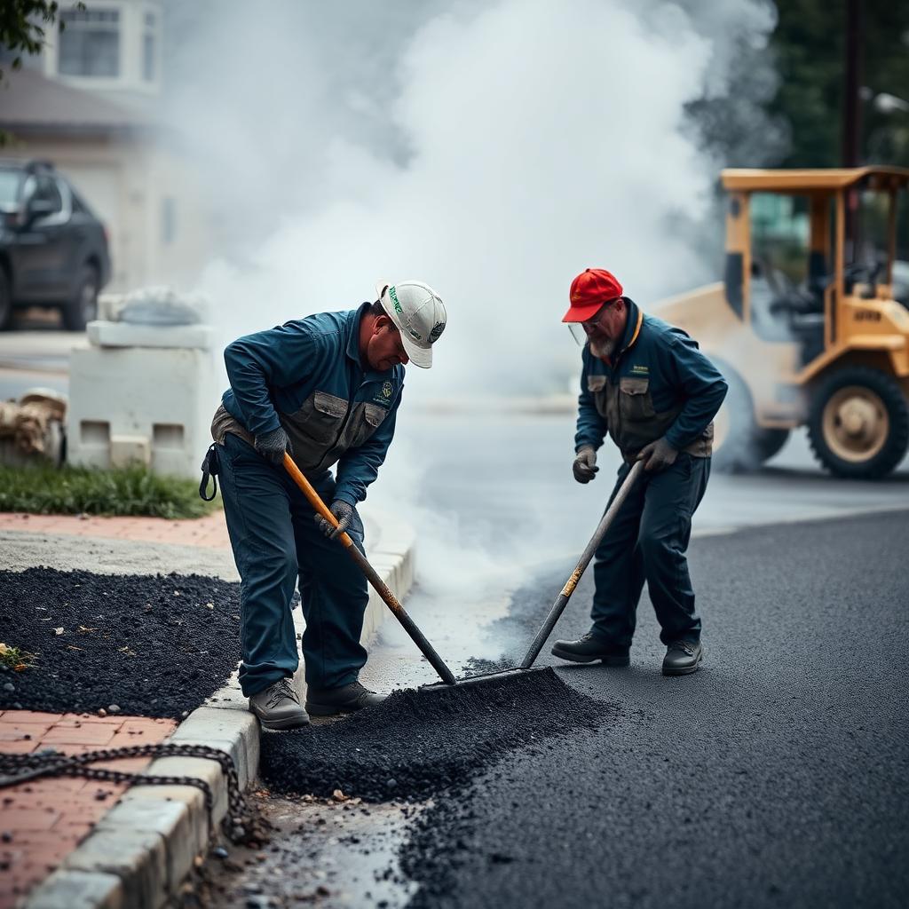 Paving crew hand-raking hot asphalt against a granite curb