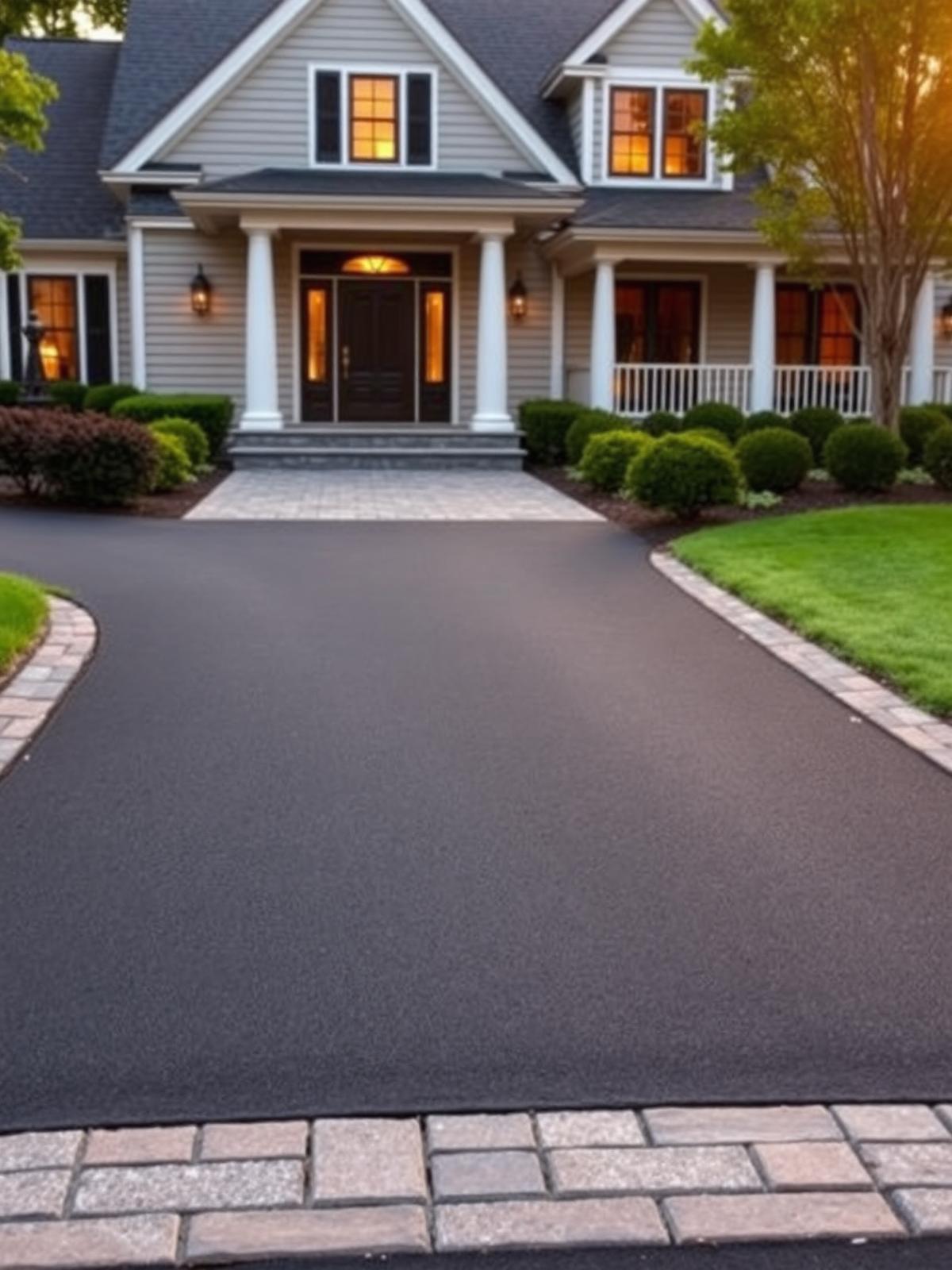 Freshly sealed black asphalt driveway with granite Belgian block apron in front of a luxury Long Island home