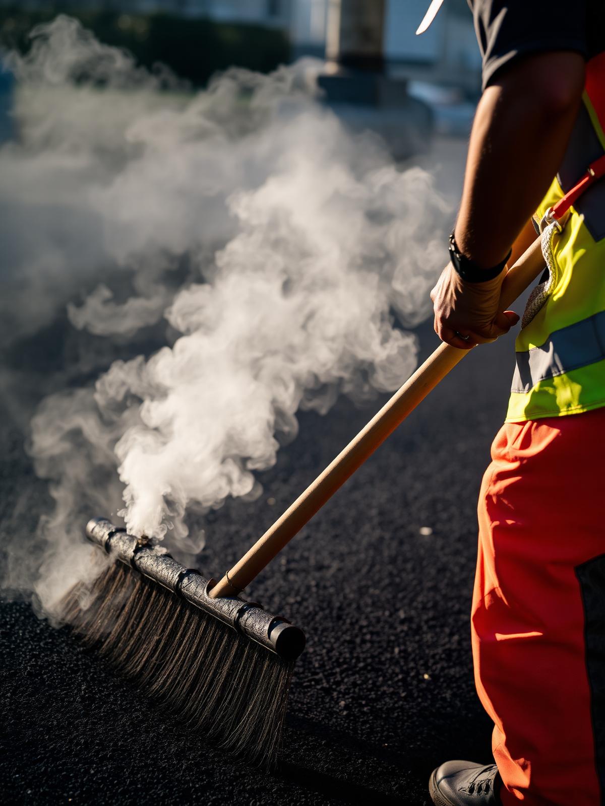 Close-up of a paving crew member hand-raking hot asphalt with steam rising