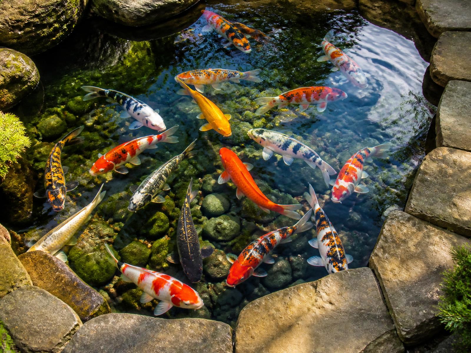 Overhead view of colorful orange, white and black koi fish in a clear stone-edged pond