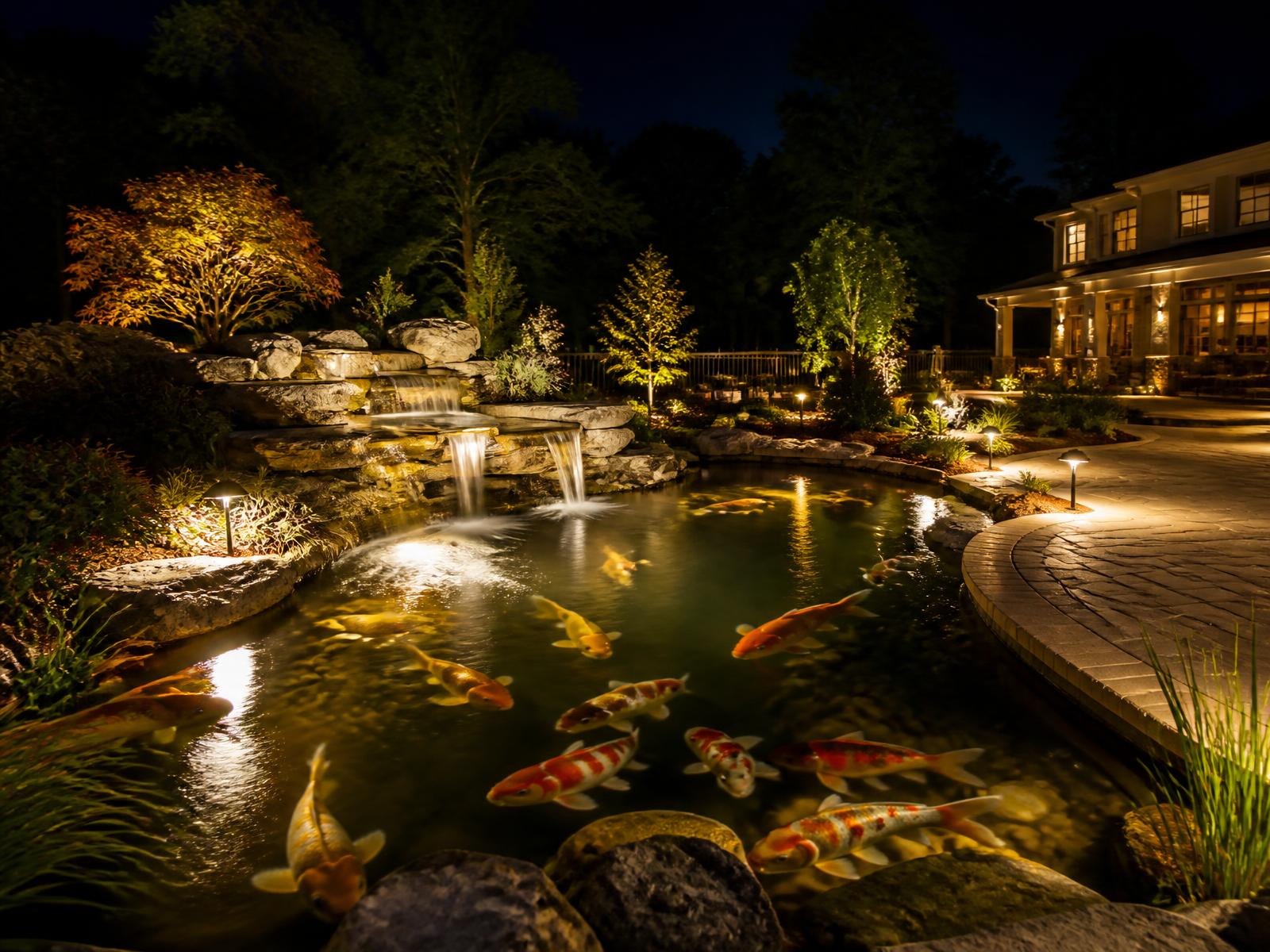 Illuminated koi pond at night with underwater LED lighting and koi visible