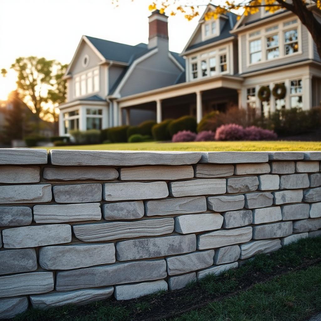 Natural stone retaining wall in front of a Long Island estate home