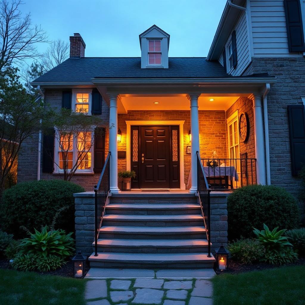 Stone-veneer front stoop with bluestone treads