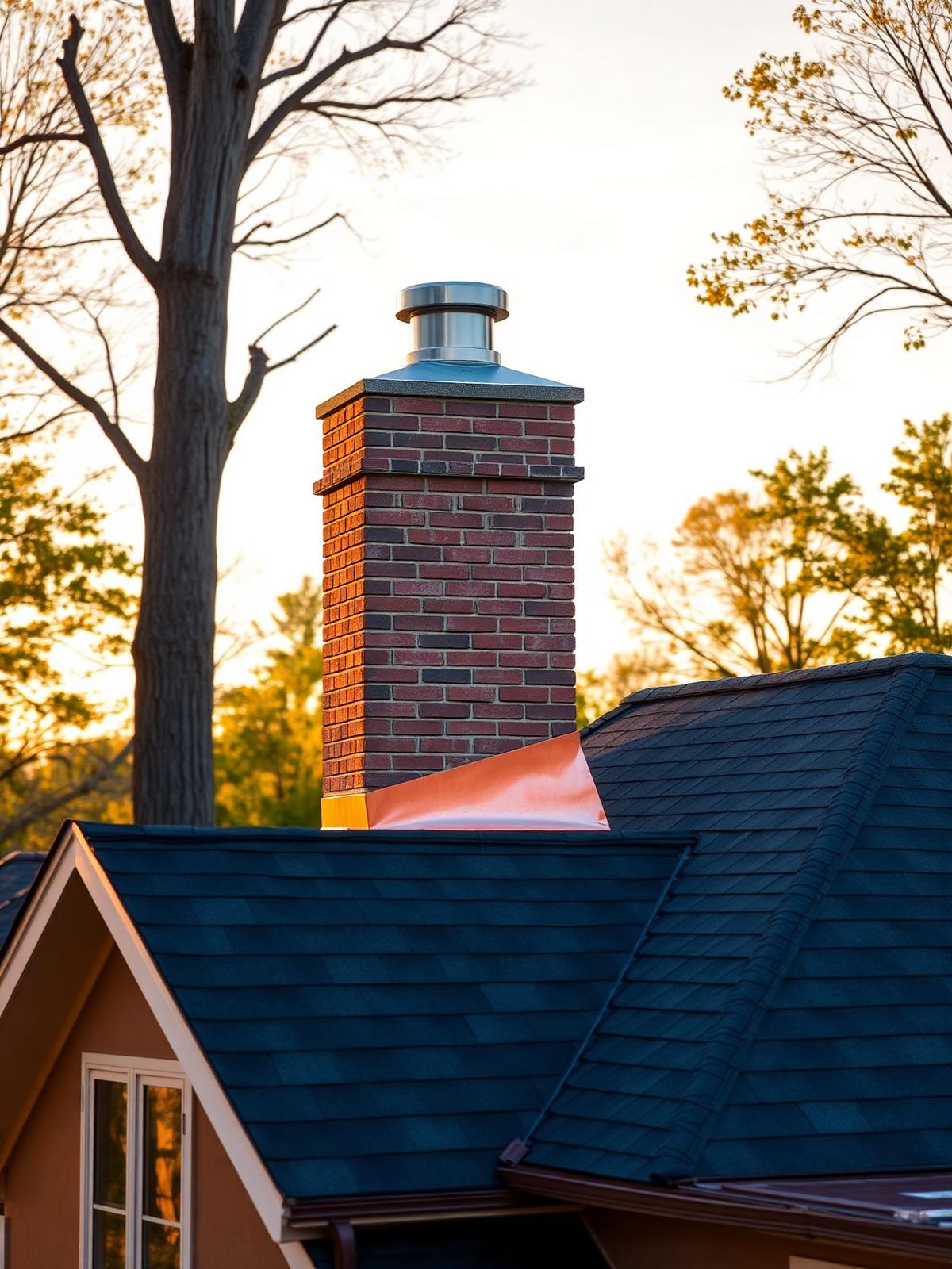 Rebuilt brick chimney with copper flashing on a Long Island shingled roof at golden hour