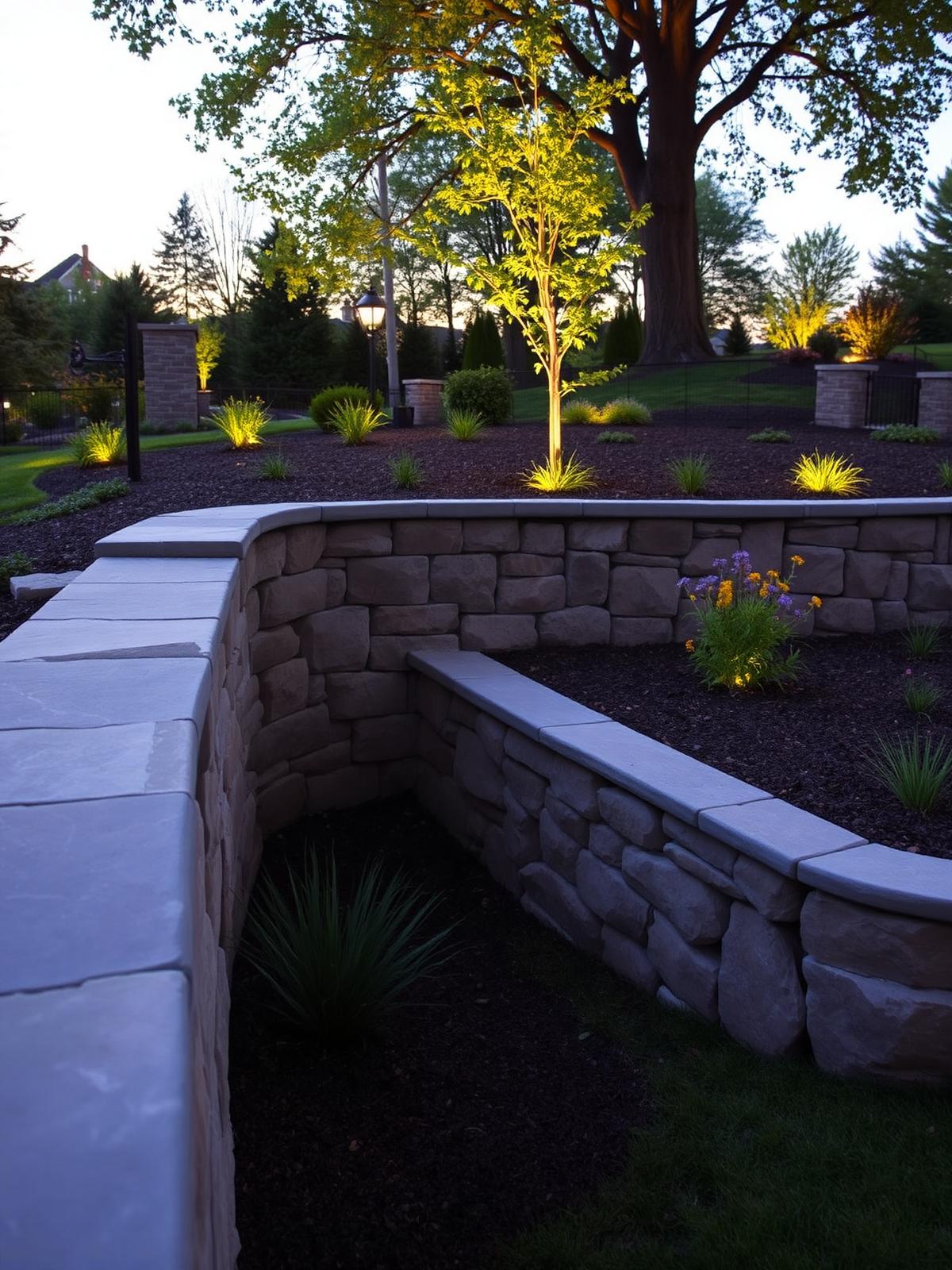 Terraced natural fieldstone retaining walls with bluestone caps and landscape lighting at dusk