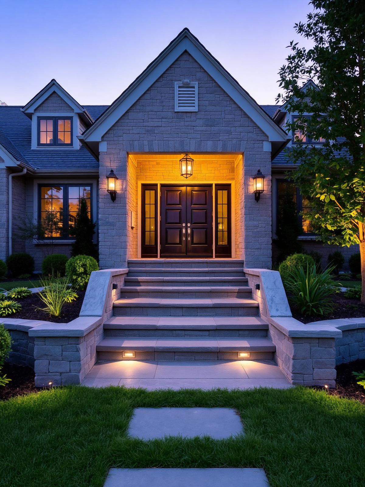 Stone veneer front entrance with bluestone steps and landscape lighting at twilight