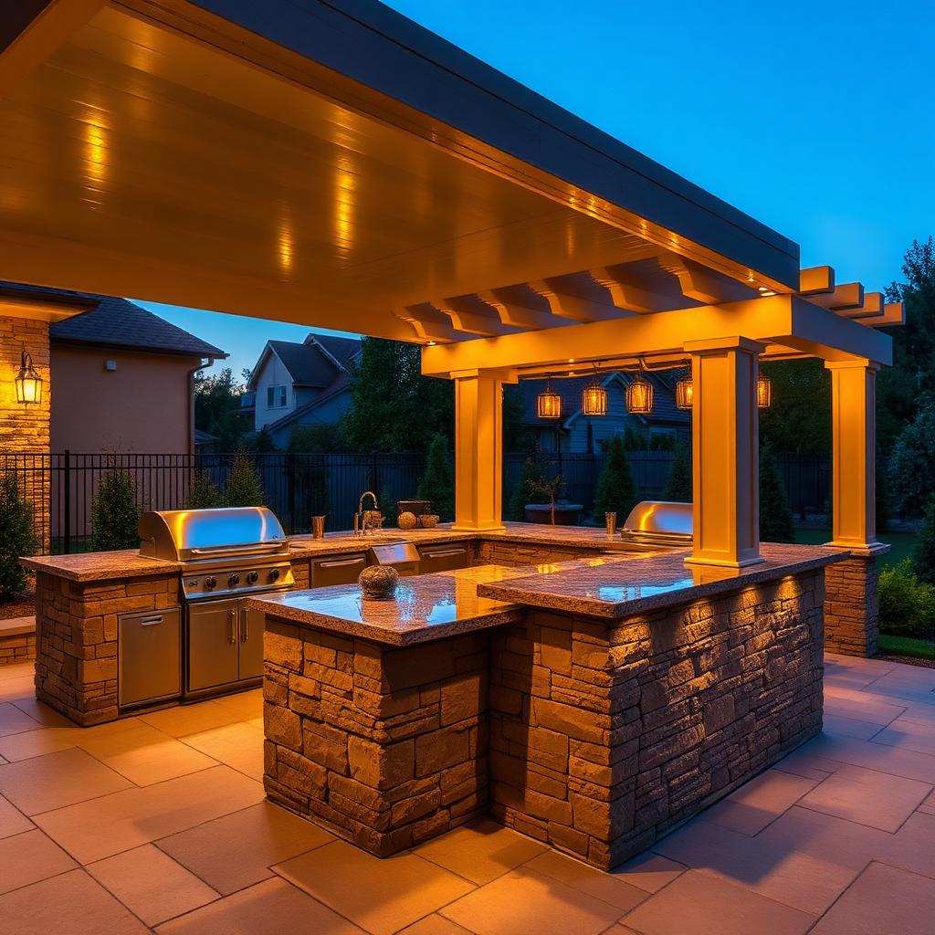 Luxury outdoor kitchen with pergola at twilight