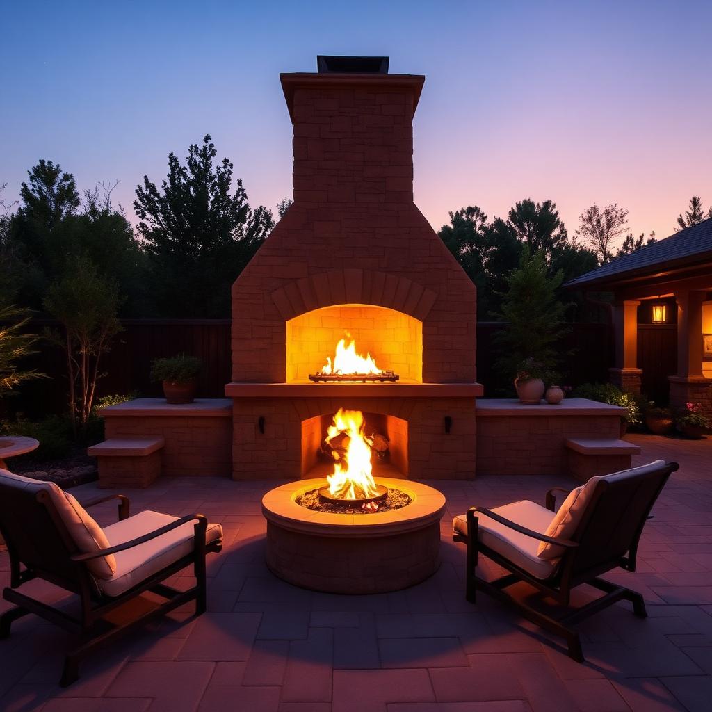 Stone outdoor fireplace with roaring fire
