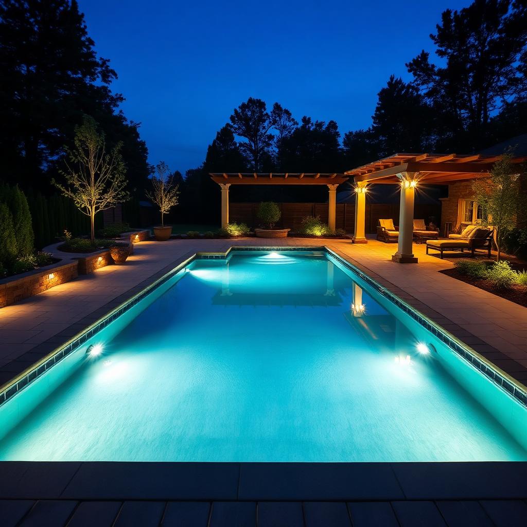 Paver pool deck at blue hour