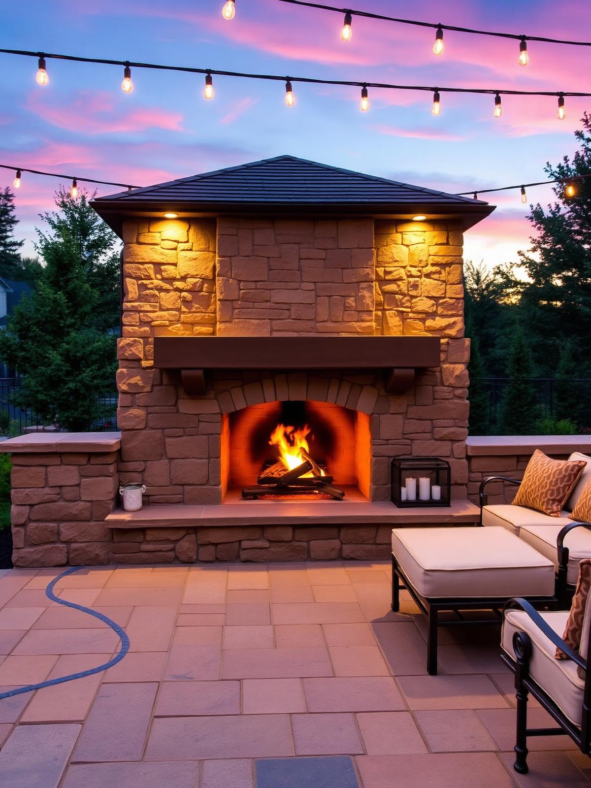 Stone outdoor fireplace with string lights and cushioned seating at dusk on a paver patio