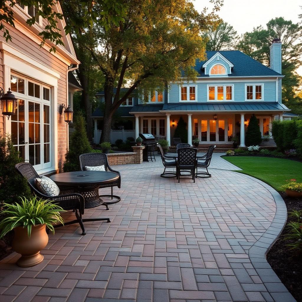Herringbone interlocking paver patio in Bellport NY