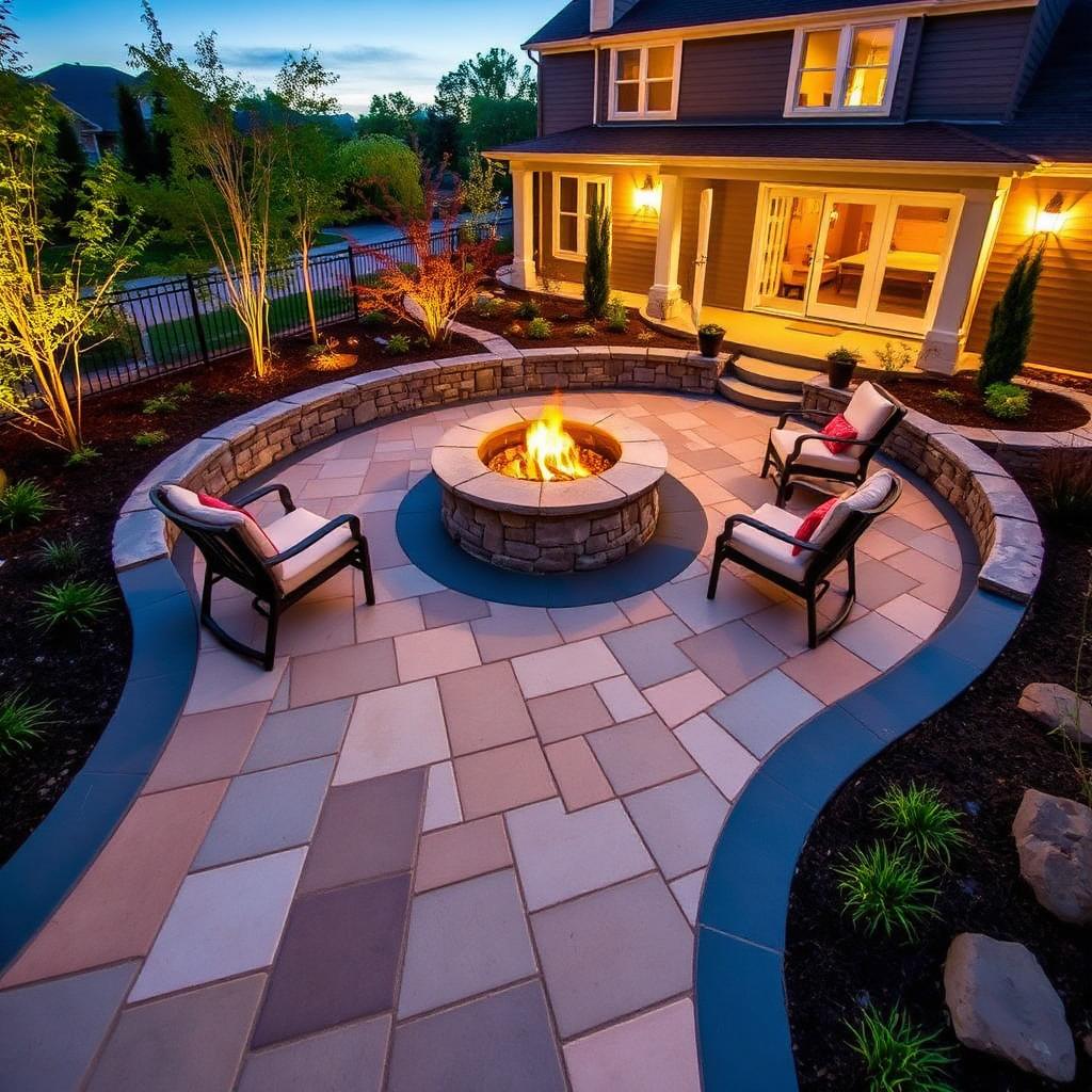 Circular paver patio with a stone fire pit and lounge chairs at dusk