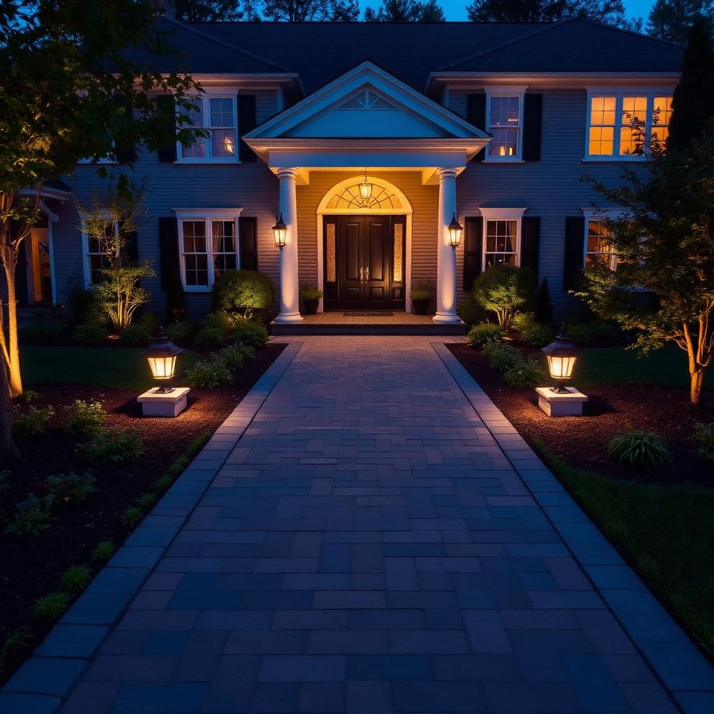 Paver walkway to colonial home with lighting