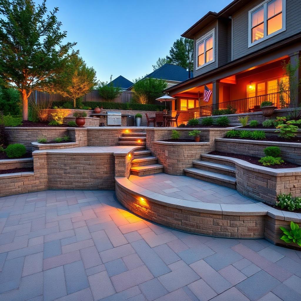 Multi-level paver patio with retaining wall, steps, and outdoor kitchen
